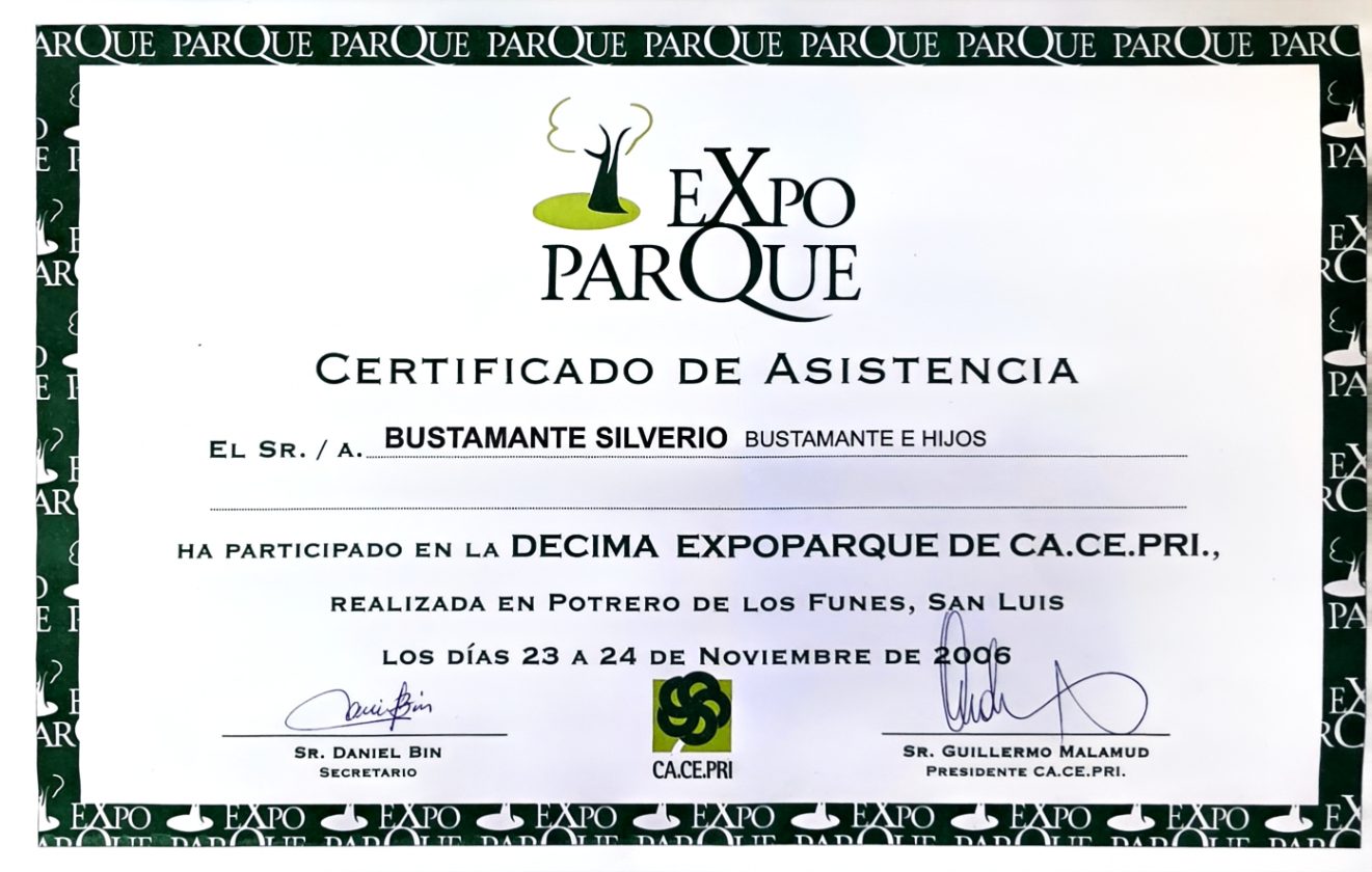 Certificado de asistencia a la décima Expoparque de CA.CE.PRI.