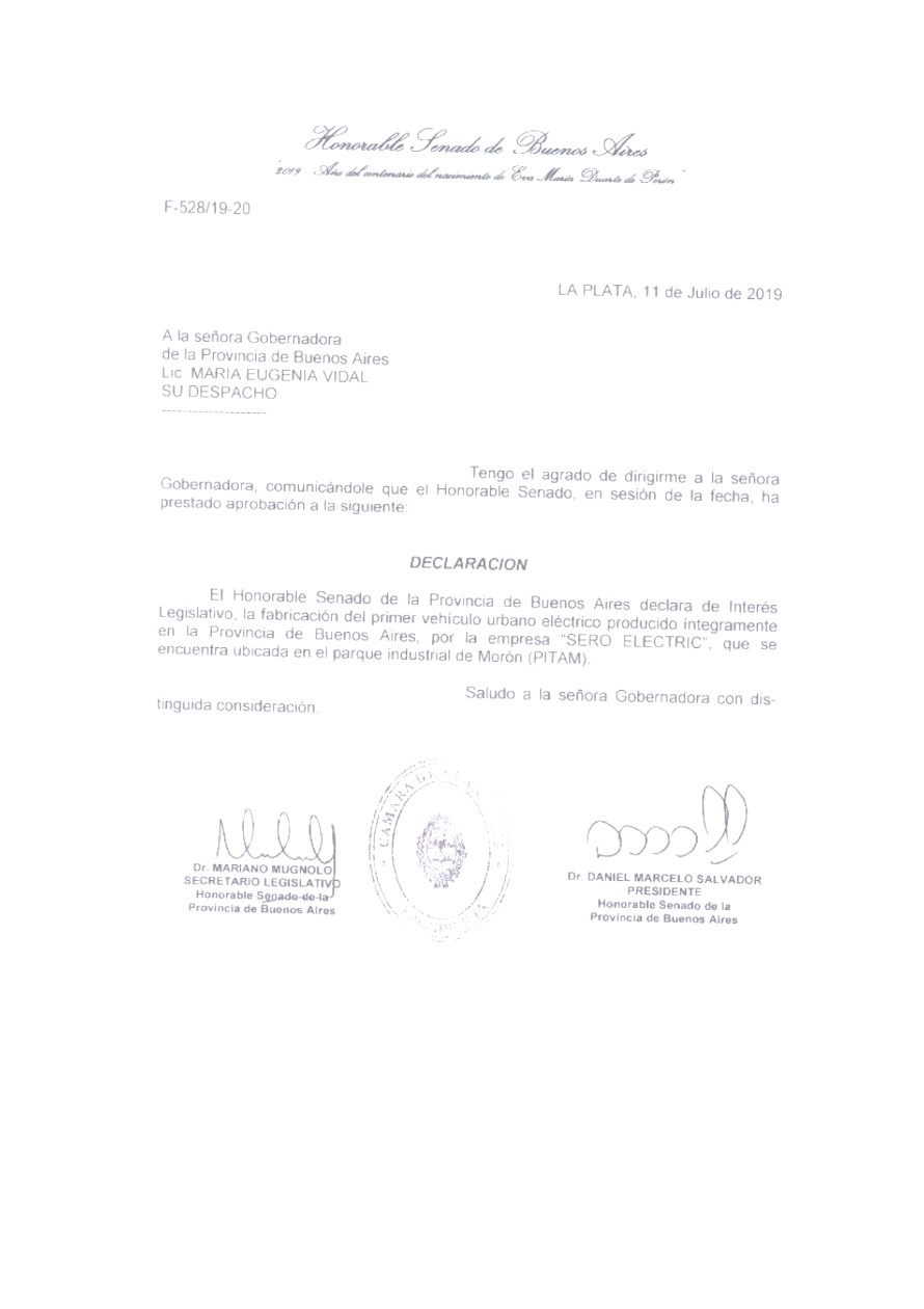Declaración de Interés Legislativo del Honorable Senado de la Provincia de Buenos Aires a Sero Electric, 2019
