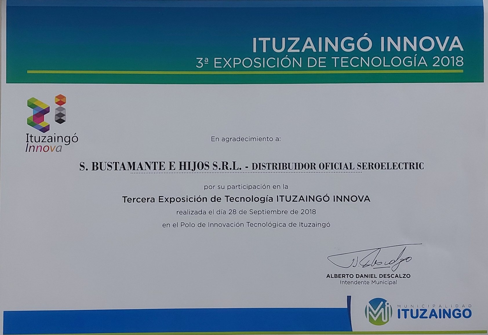 Certificado de la 3ª Exposición de Tecnología Ituzaingó Innova a S. Bustamante e Hijos, septiembre de 2018