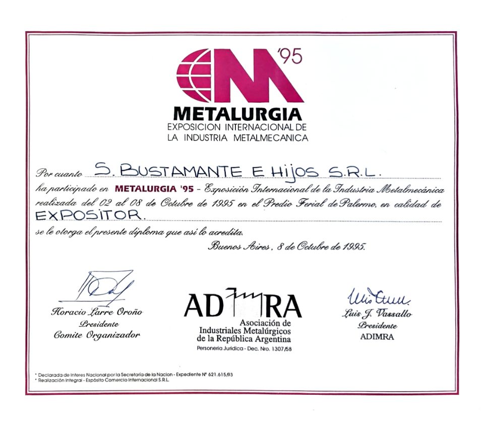 Diploma de Metalurgia ’95 a S. Bustamante e Hijos