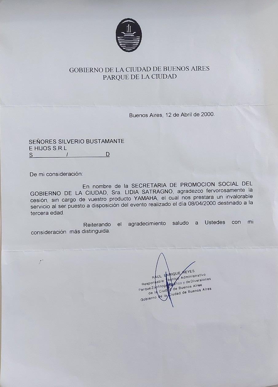 Agradecimiento del Parque de la Ciudad, Gobierno de la Ciudad de Buenos Aires, por la cesión de un vehículo Yamaha, abril de 2000