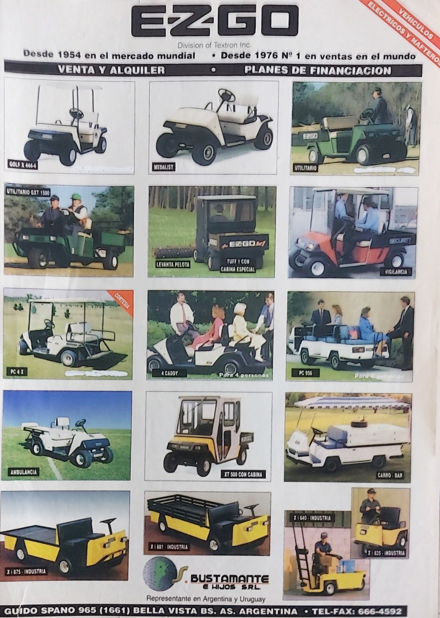 Aviso de E-Z-GO Textron con la línea completa de vehículos eléctricos y nafteros, S. Bustamante e Hijos representante en Argentina y Uruguay